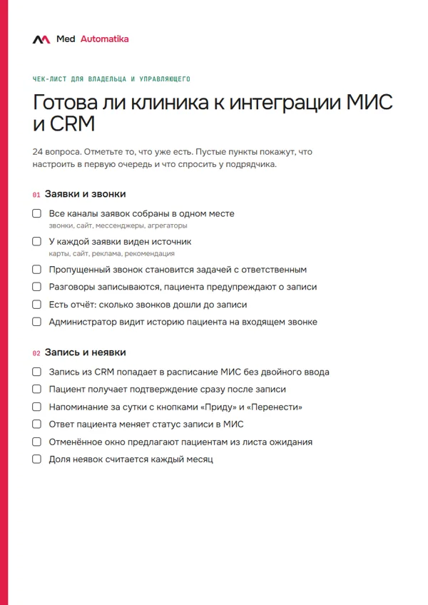 Первая страница чек-листа «Готова ли клиника к интеграции МИС и CRM»