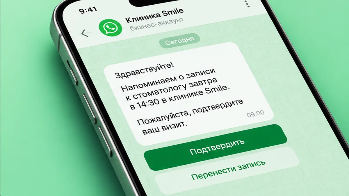 Напоминание о приёме в WhatsApp с кнопками «Подтвердить» и «Перенести запись»