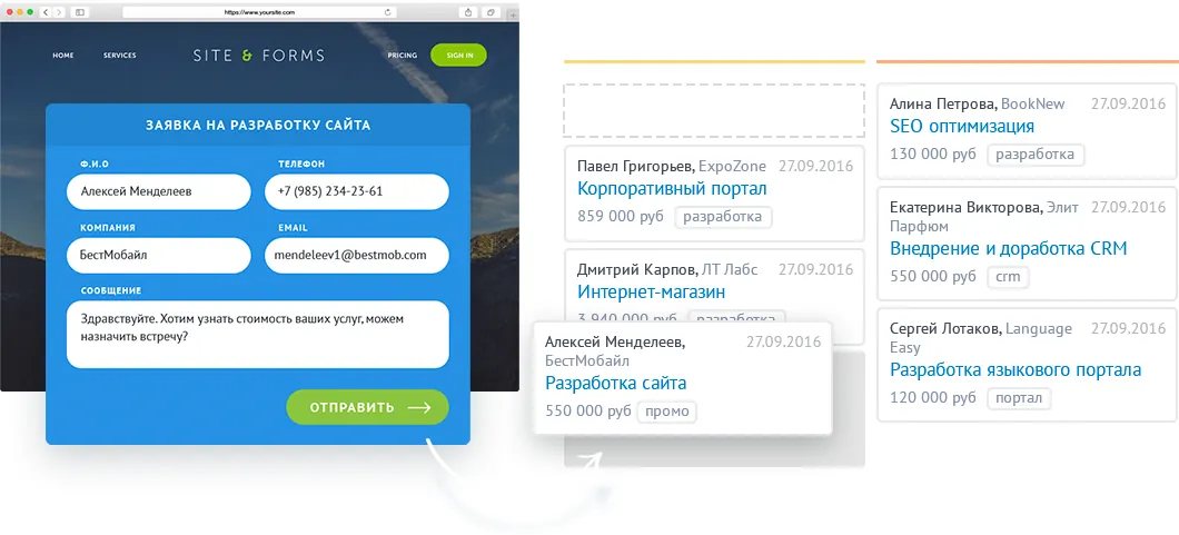 amoCRM: Заявка с сайта попадает в воронку сделок